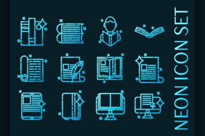 Library set icons. Blue glowing neon style.
