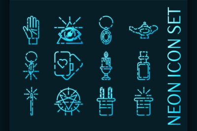 Magic set icons. Blue glowing neon style