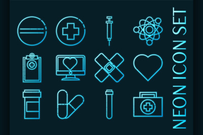 MEDICAL set icons. Blue glowing neon style