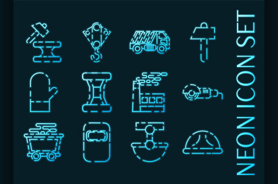 Metallurgy set icons. Blue glowing neon style.