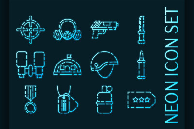 Military set icons. Blue glowing neon style.