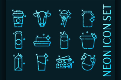 Milk set icons. Blue glowing neon style.