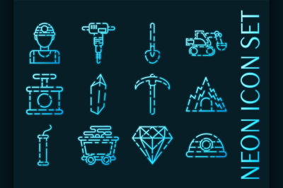 Mining set icons. Blue glowing neon style.