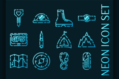 Set of Mountaineering set icons. Blue neon style