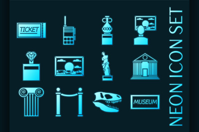 Museum set icons. Blue glowing neon style