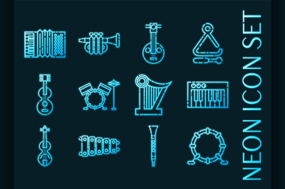 Musical instruments set icons. Blue neon style