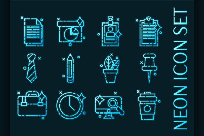 Office set icons. Blue glowing neon style.