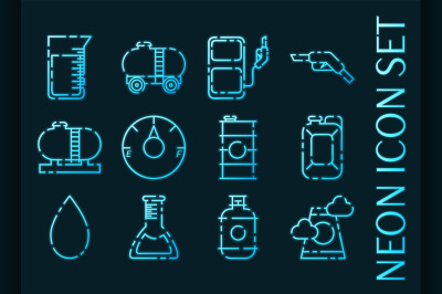 Oil industry set icons. Blue glowing neon style.