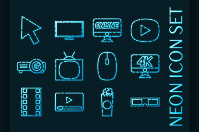 Online cinema set icons. Blue glowing neon style