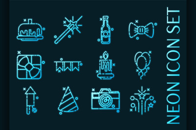 Party set icons. Blue glowing neon style.