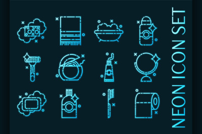 Personal hygiene set icons. Blue neon style