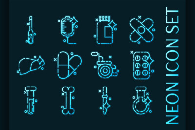 Pharmacy set icons. Blue glowing neon style