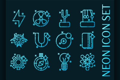 Physics set icons. Blue glowing neon style.