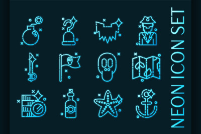 Piracy set icons. Blue glowing neon style.