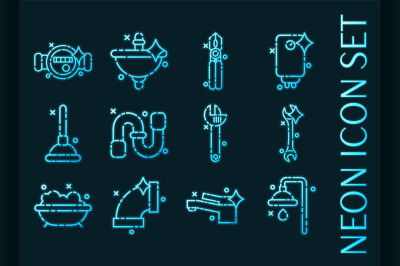 Plumbing set icons. Blue glowing neon style.