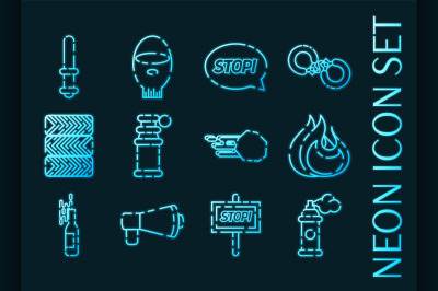 Protest set icons. Blue glowing neon style.