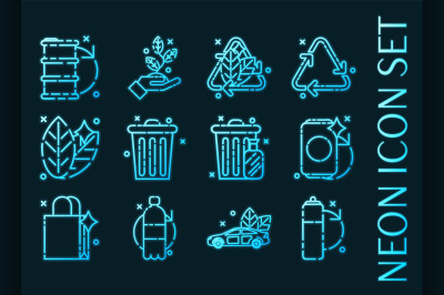 Recycling set icons. Blue glowing neon style.