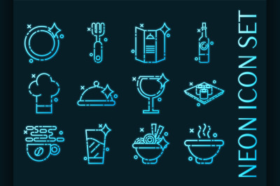 Restaurant set icons. Blue glowing neon style.