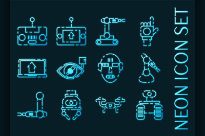 Robotic set icons. Blue glowing neon style.