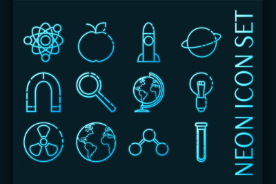 Science set icons. Blue glowing neon style.