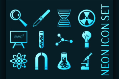 Science set icons. Blue glowing neon style.