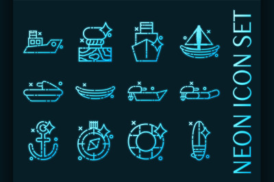 Sea transport set icons. Blue glowing neon style.