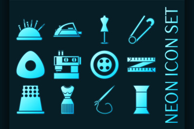 Sewing set icons. Blue glowing neon style.