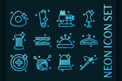 Sewing set icons. Blue glowing neon style.