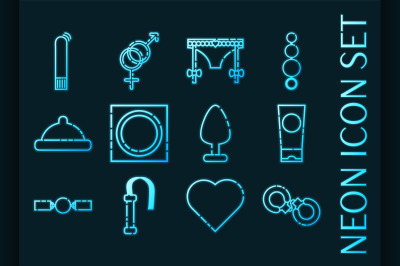 Sex shop set icons. Blue glowing neon style.