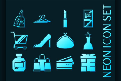 Shopping set icons. Blue glowing neon style.