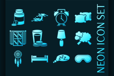 Sleep time set icons. Blue glowing neon style.