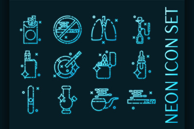 Smoking set icons. Blue glowing neon style.