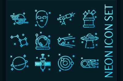 Space set icons. Blue glowing neon style.