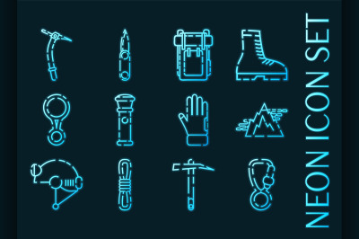 Speleologist set icons. Blue glowing neon style