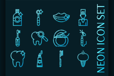 Stomatology set icons. Blue glowing neon style