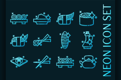 Sushi set icons. Blue glowing neon style.