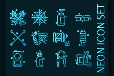 Tattoo set icons. Blue glowing neon style