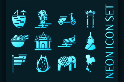 Thailand set icons. Blue glowing neon style.