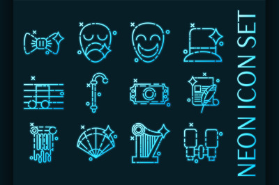 Theater set icons. Blue glowing neon style.