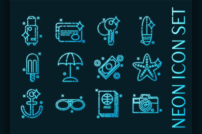 Tourism set icons. Blue glowing neon style.