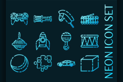 Toys set icons. Blue glowing neon style