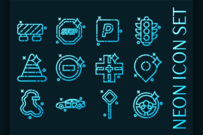 Traffic set icons. Blue glowing neon style.