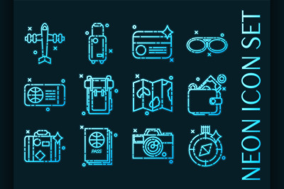 Traveling set icons. Blue glowing neon style.