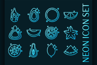 Tropical fruit set icons. Blue glowing neon style.