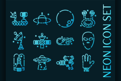 UFO set icons. Blue glowing neon style.