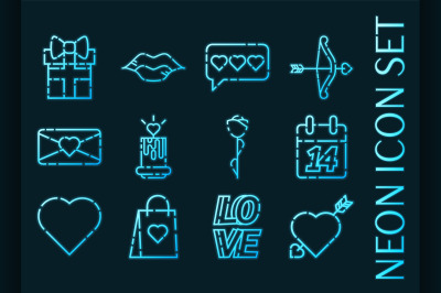 Valentine Day set icons. Blue glowing neon style