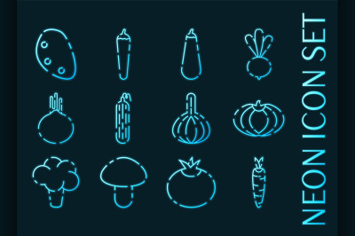 Vegetables set icons. Blue glowing neon style.
