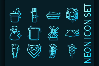 Wheat set icons. Blue glowing neon style.