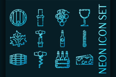 Wine set icons. Blue glowing neon style