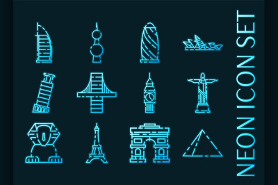 World landmarks set icons. Blue neon style.